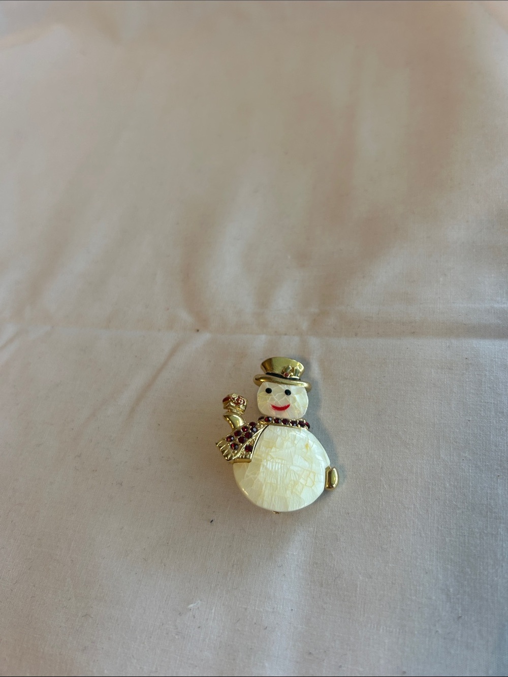 Source Unknown Gold-Tone Mother-of-Pearl Snowman Brooch with Red Accents